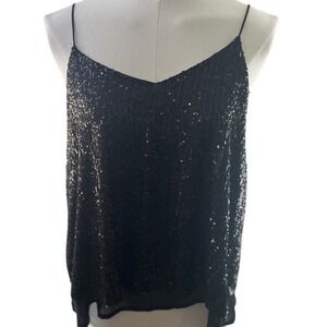 Saints & Hearts Black Sequin Tank Top L Sheer Hem Glam Party‎ Blouse